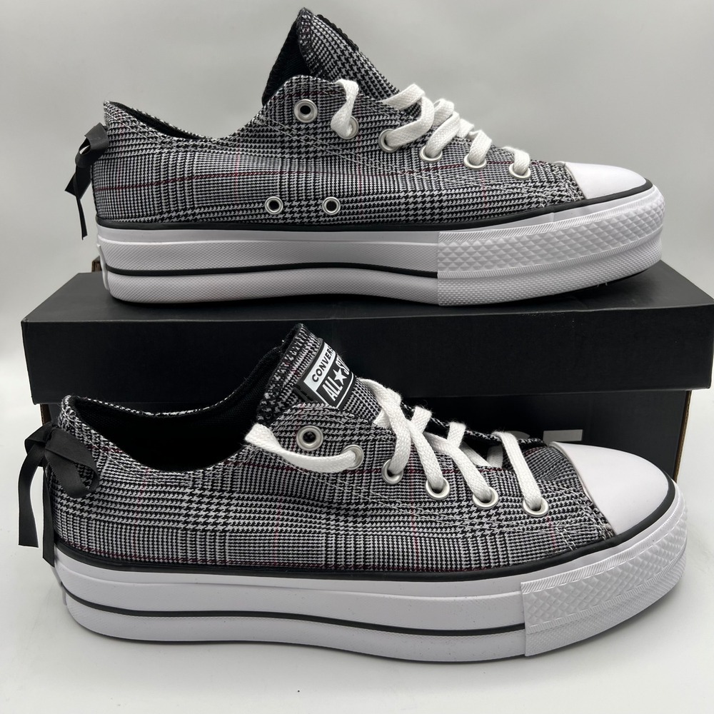 Converse CTAS Lift Ox Womens 10 Black White Plaid Bow Platform Sneakers
